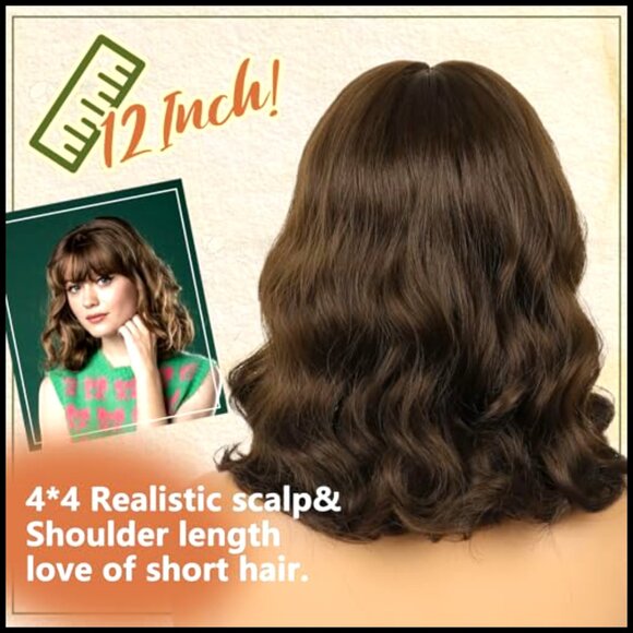 Short Wavy Bob Wig with Bangs Heat Resistant Fiber Natural Style Daily Wear main image 4